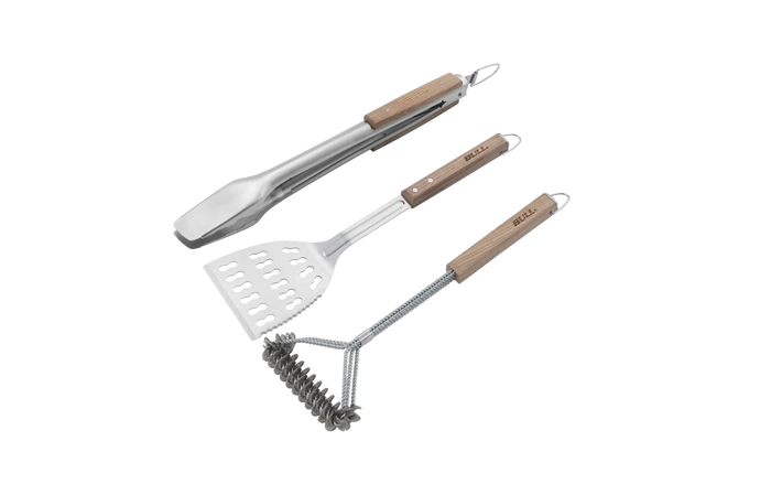 Grill Tool Set Bull 3-Piece Wooden Handle Grill Tool Set with Spatula, Tongs & Bristle-Free Brush, 24415