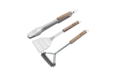 Grill Tool Set Bull 3-Piece Wooden Handle Grill Tool Set with Spatula, Tongs & Bristle-Free Brush, 24415