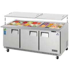 Refrigerated Prep Table-Everest EOTP3 Open Top Prep Refrigerator (Back Mount, 3 Swing Solid Doors, 19 Cu Ft, 115V)