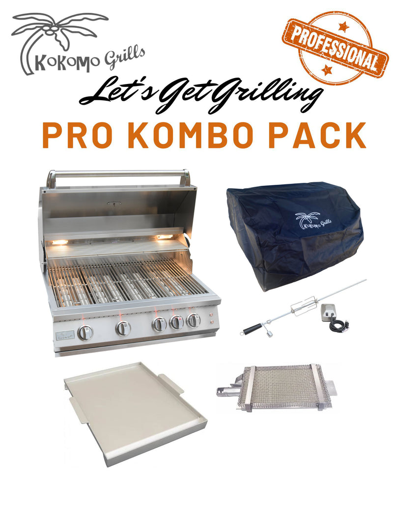 KoKoMo Built-In BBQ Grill Islands ko-bak4pro, bak4bcvr, grdl, irsb, barka