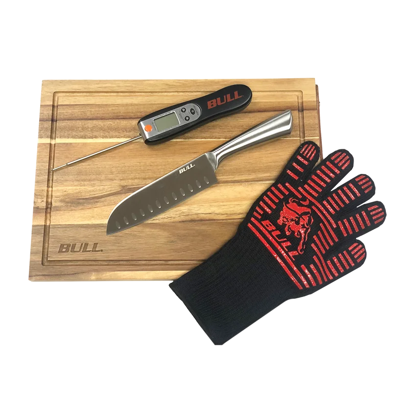 Grill Tool Set Bull Grill Master Utility Set with Cutting Board, Santoku Knife, Grill Glove & Thermometer, 24397