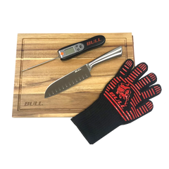 Grill Tool Set Bull Grill Master Utility Set with Cutting Board, Santoku Knife, Grill Glove & Thermometer, 24397