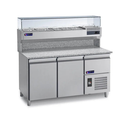 AMPTO MPP-2US Refrigerated Granite Pizza Prep Table with Top Rail