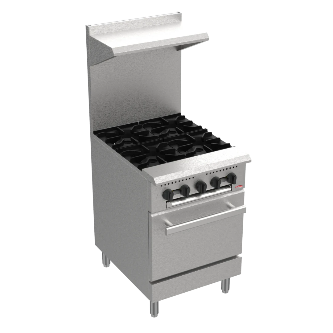 BakeMax BAS24O Commercial 24" 4-Burner Gas Range with Bakery Oven (130,000 BTU)