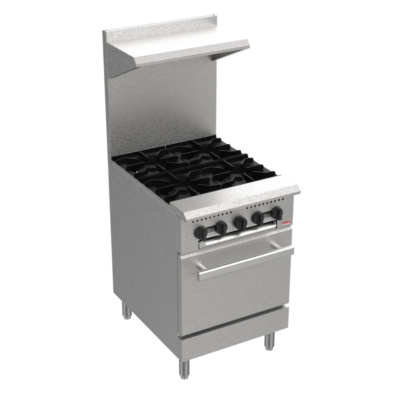 BakeMax BAS24O Commercial 24" 4-Burner Gas Range with Bakery Oven (130,000 BTU)