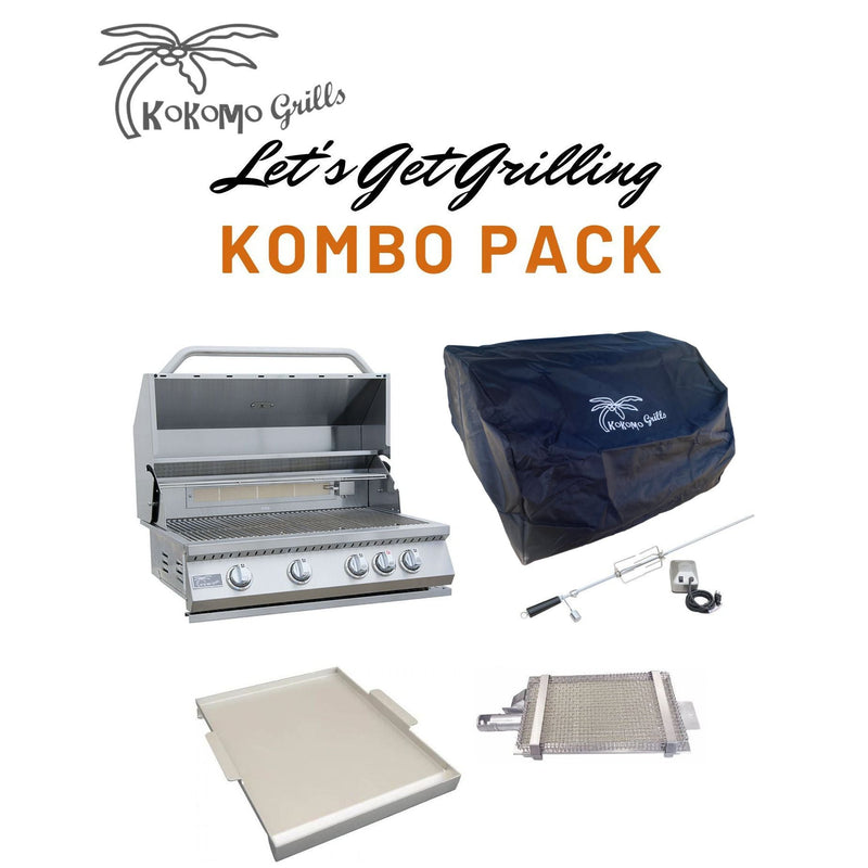 Built-In BBQ Grill Islands-KoKoMo Let's Get Grilling Kombo Pack - classic 4 Burner Grill, grill cover, rotisserie, sear burner and a griddle insert ko-bak4, bak4bcvr, grdl, irsb, barka