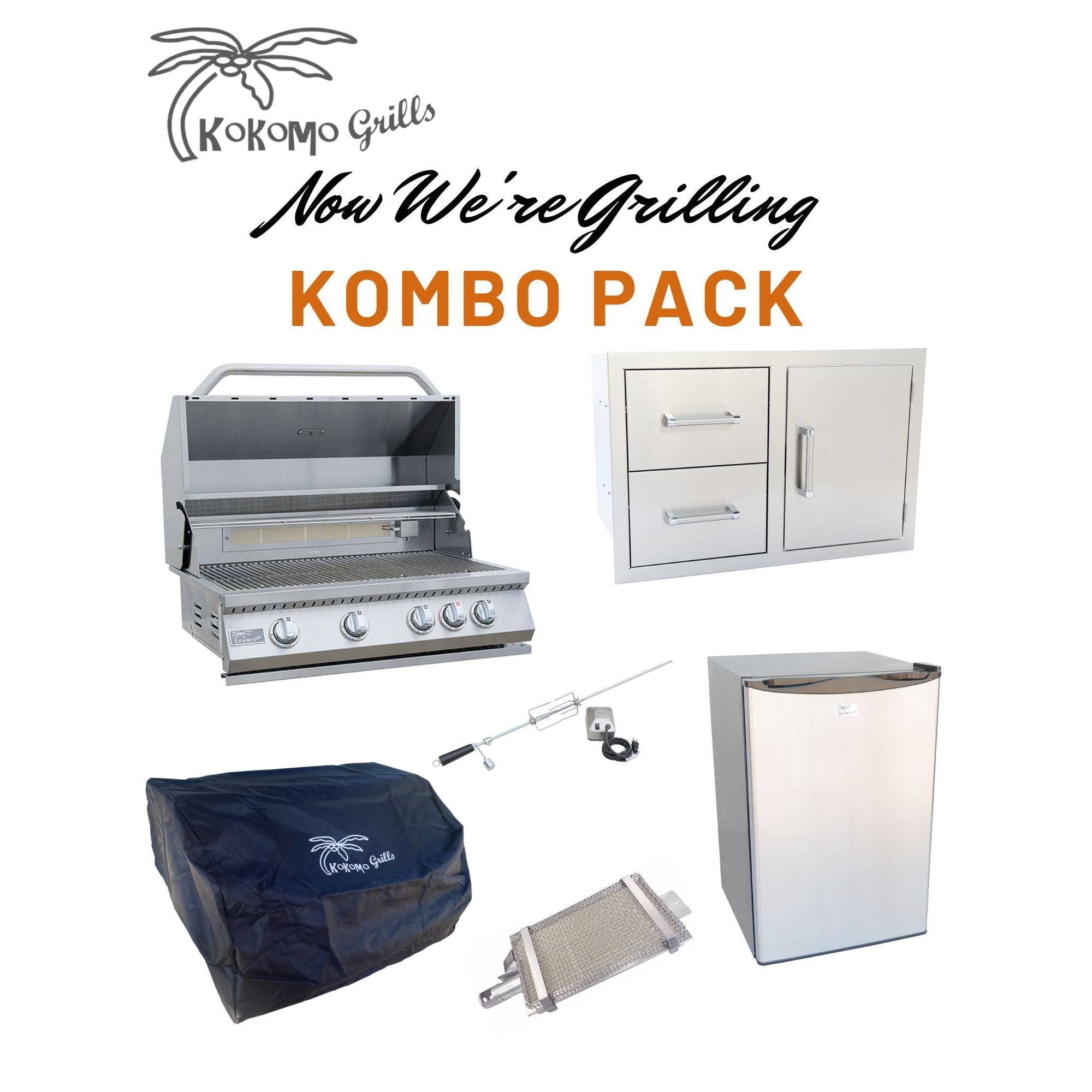 Built-In BBQ Grill Islands-KoKoMo Now We're Grilling Kombo Pack - classic 4 burner grill, combo, fridge, grill cover, rotisserie and a sear burner ko-bak4,alpdc, fridge,4bcvr, irsb, barka