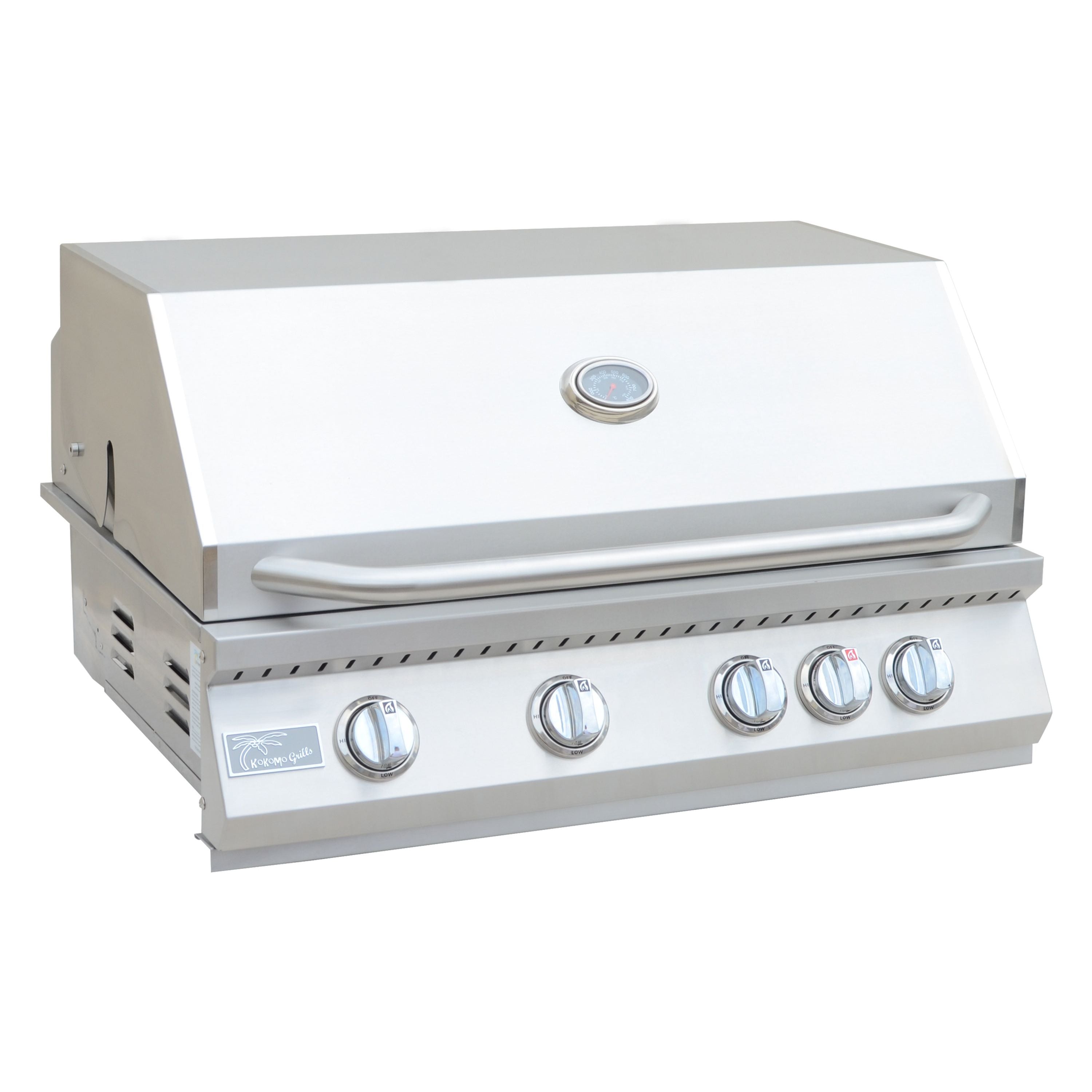 Built-In BBQ Grill Islands-KoKoMo Now We're Grilling Kombo Pack - classic 4 burner grill, combo, fridge, grill cover, rotisserie and a sear burner ko-bak4,alpdc, fridge,4bcvr, irsb, barka