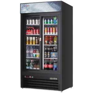 Glass Door Merchandiser Refrigerator-Everest EMGR33B Glass Door Merchandiser Refrigerator - 33 Cu Ft, Bottom Mount, Black, Sliding Glass Doors