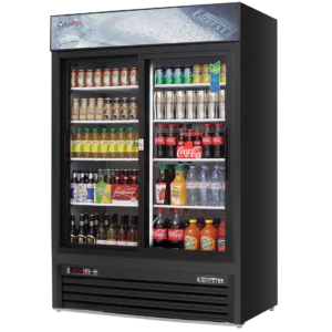 Glass Door Merchandiser Refrigerator-Everest EMGR48B Glass Door Merchandiser Refrigerator - 48 Cu Ft, Black, Sliding Glass Doors, Bottom Mount, 115V