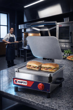 AMPTO SASL Single Sandwich Grill Flat Smooth Plate 1550W 120V