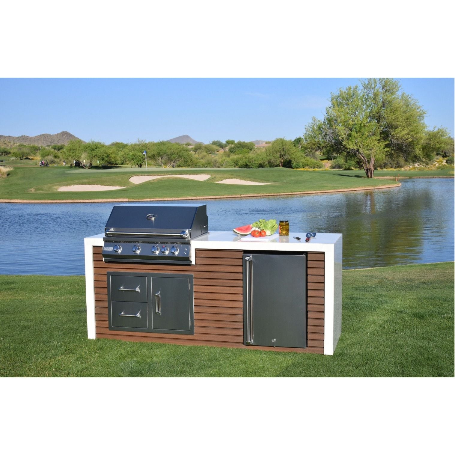 KoKoMo Shiplap Built-In BBQ Island Outdoor Kitchen Waterfall Edge