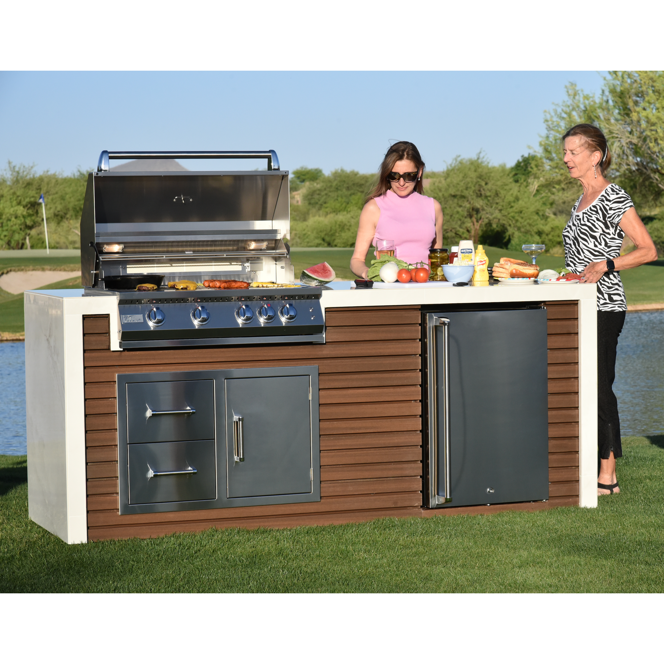 KoKoMo Shiplap Built-In BBQ Island Outdoor Kitchen Waterfall Edge