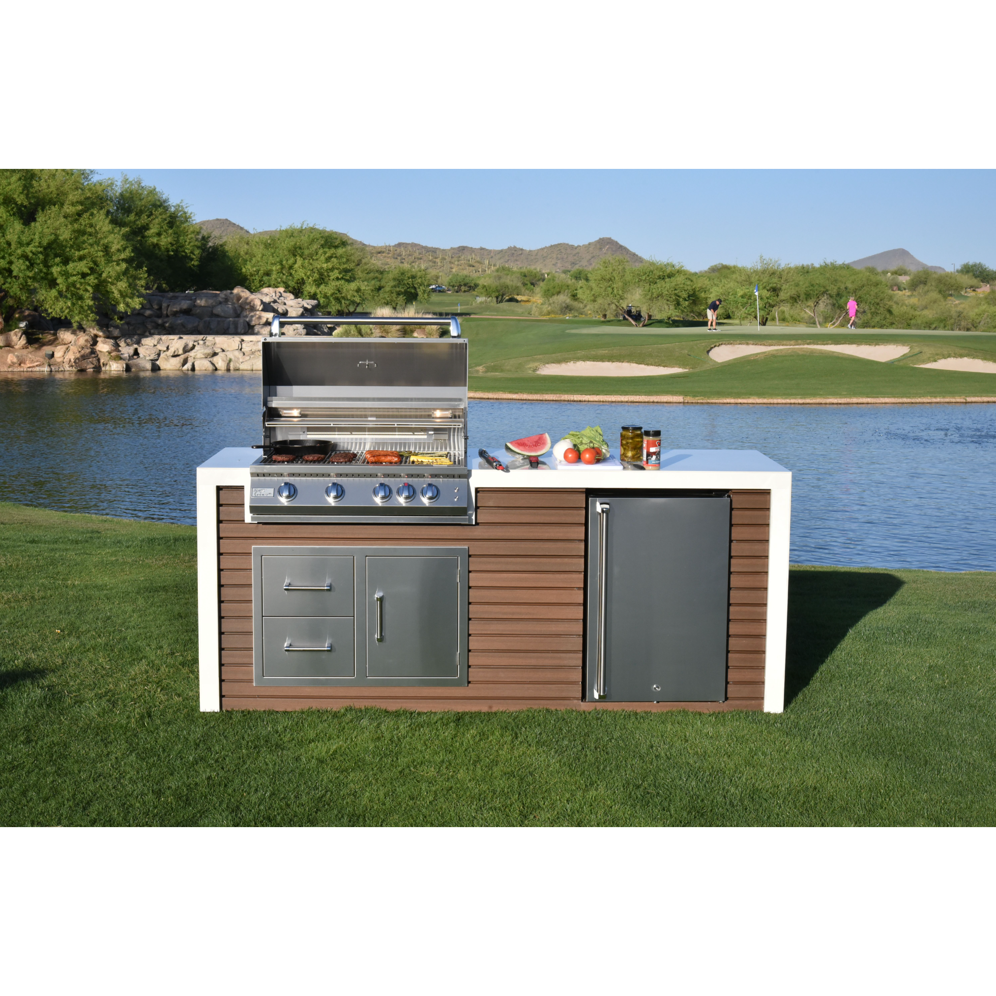 KoKoMo Shiplap Built-In BBQ Island Outdoor Kitchen Waterfall Edge