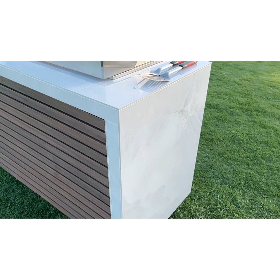 KoKoMo Shiplap Built-In BBQ Island Outdoor Kitchen Waterfall Edge