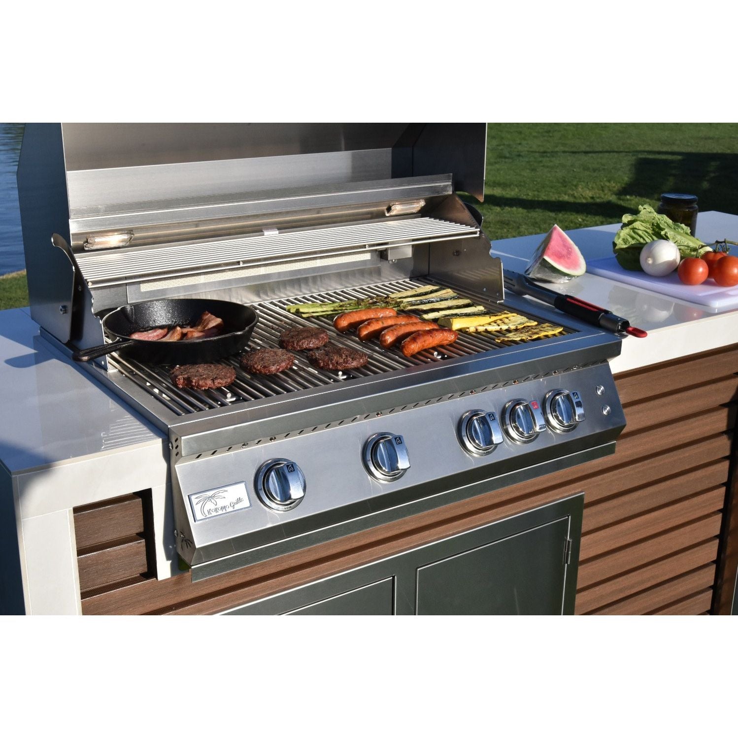 KoKoMo Shiplap Built-In BBQ Island Outdoor Kitchen Waterfall Edge