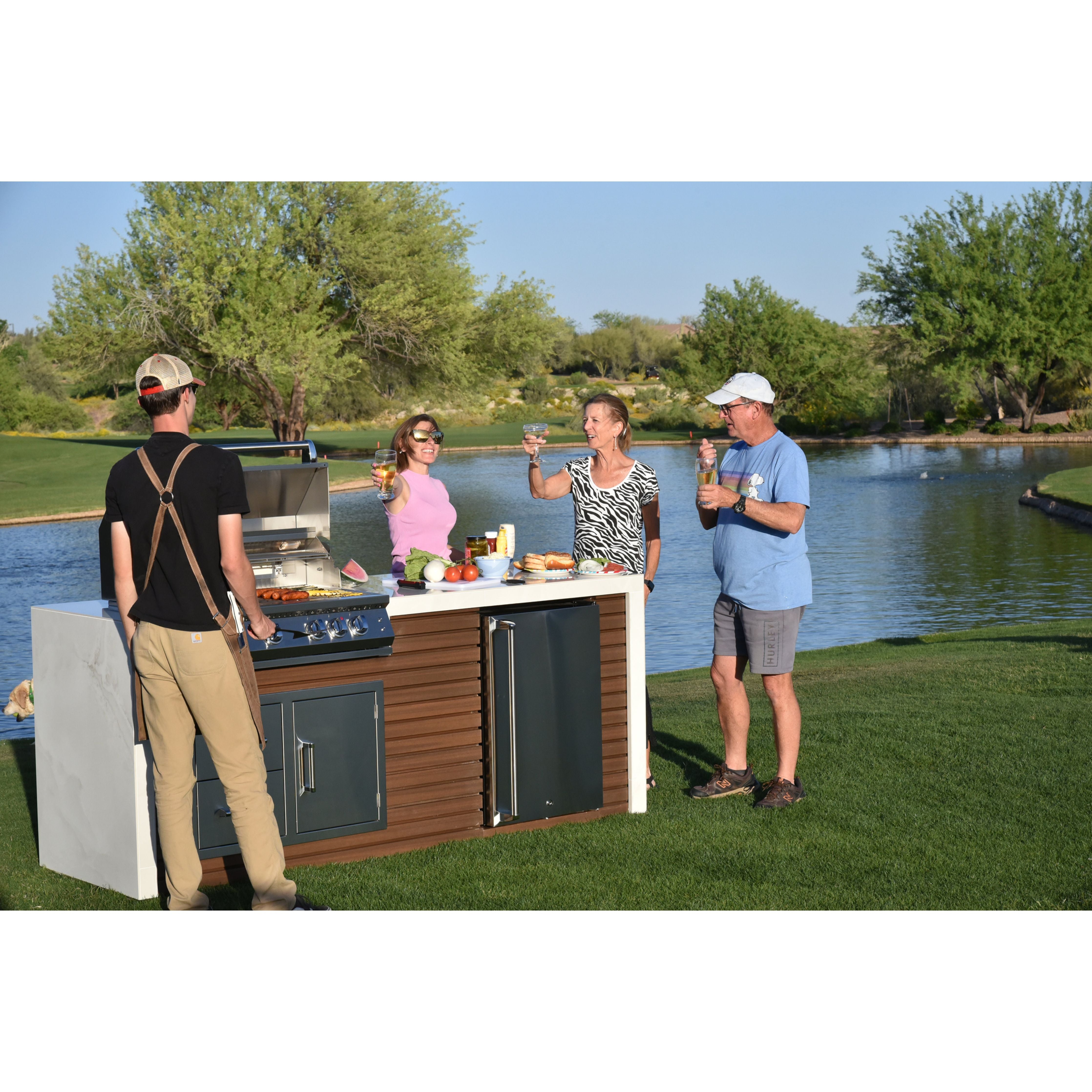 KoKoMo Shiplap Built-In BBQ Island Outdoor Kitchen Waterfall Edge