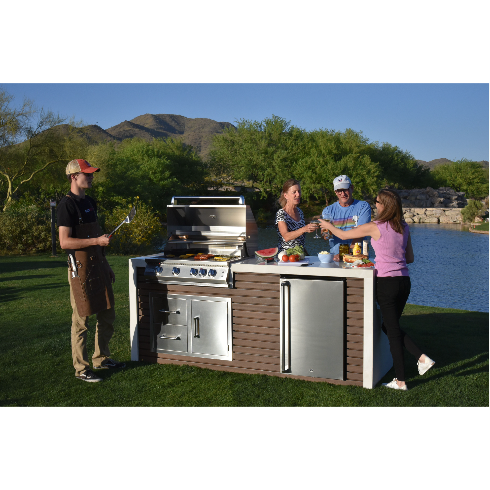 KoKoMo Shiplap Built-In BBQ Island Outdoor Kitchen Waterfall Edge