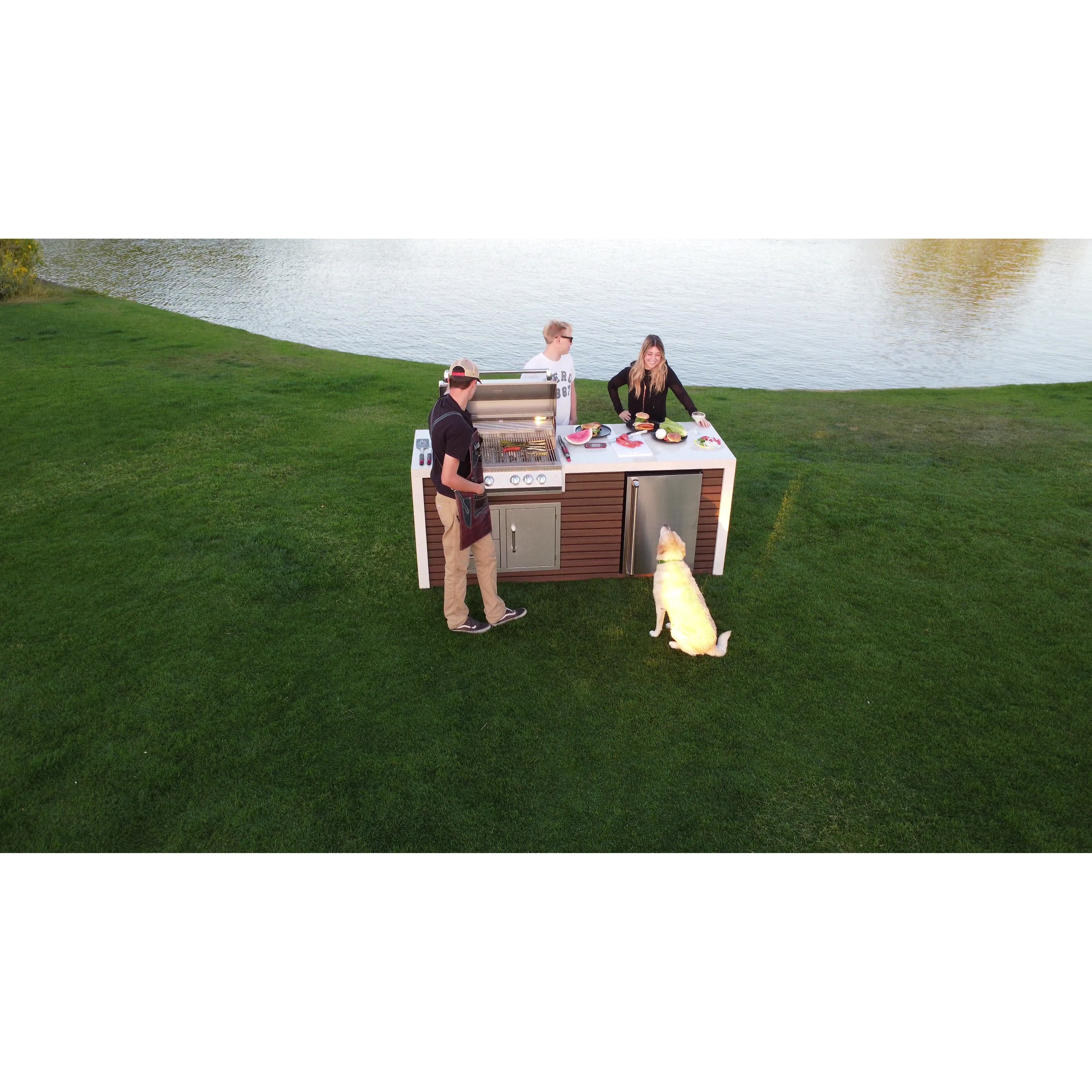 KoKoMo Shiplap Built-In BBQ Island Outdoor Kitchen Waterfall Edge