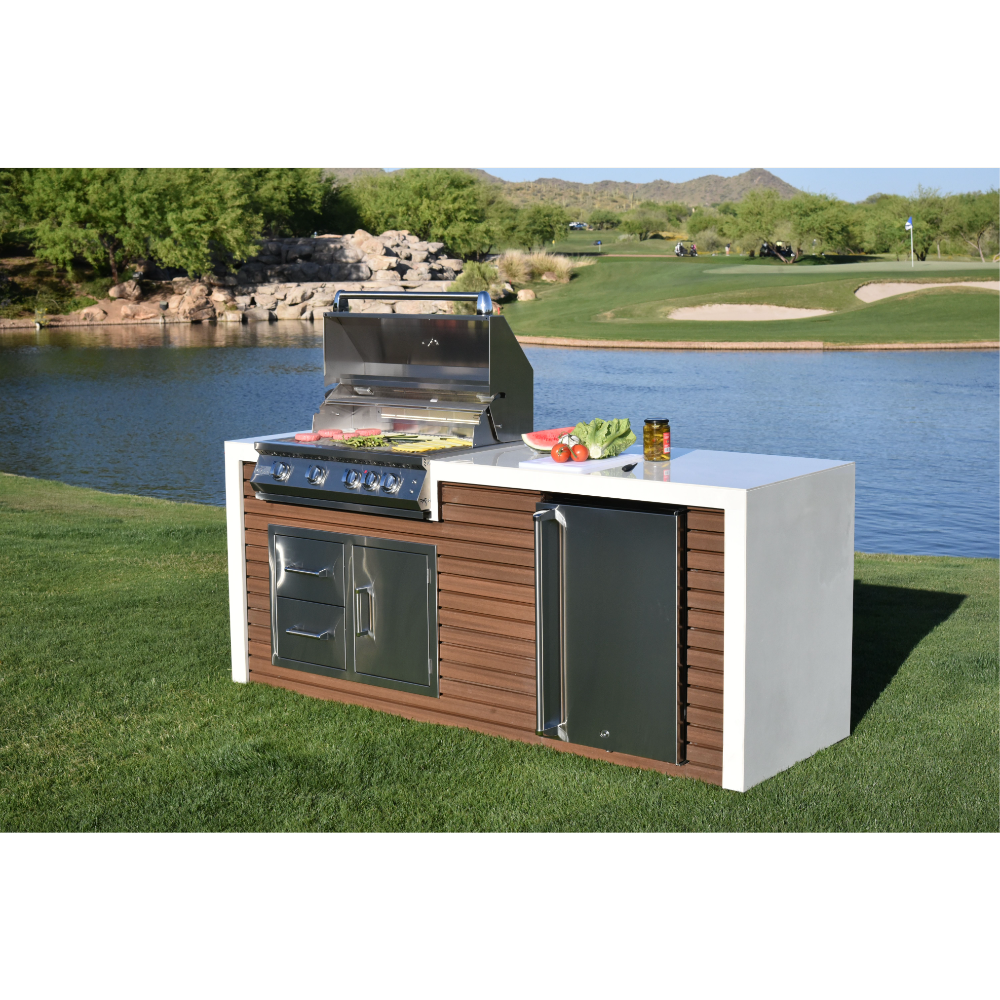 KoKoMo Shiplap Built-In BBQ Island Outdoor Kitchen Waterfall Edge