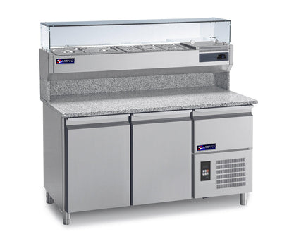 Pizza Prep Tables-AMPTO MPP-2US Refrigerated Granite Pizza Prep Table with Top Rail