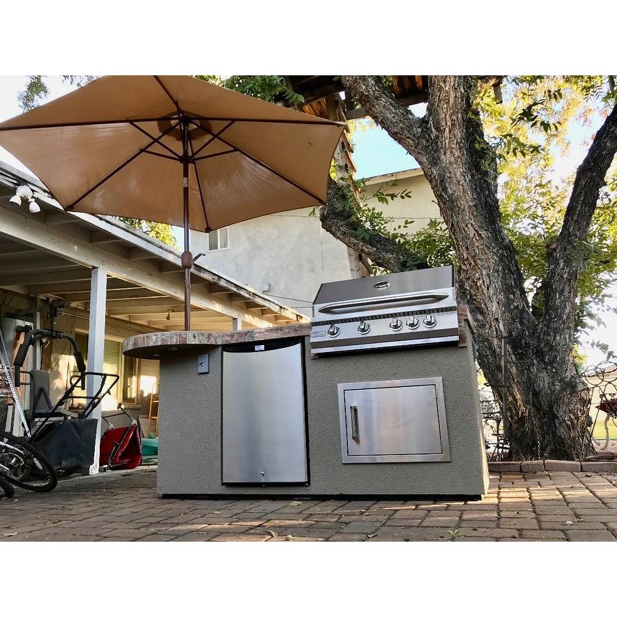 Outdoor Kitchen Islands-KoKoMo Maui 7'6" BBQ Island With 33" Round Bar on one end Led Lights and Built In BBQ MAUI