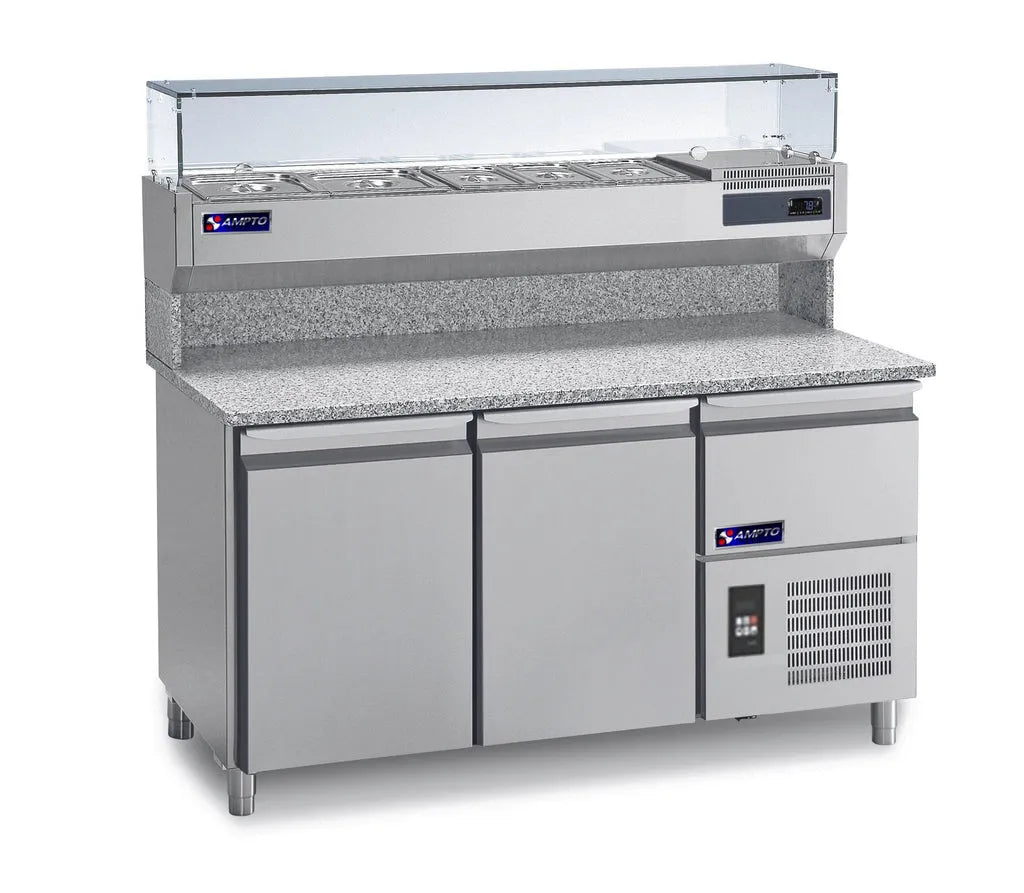 Pizza Prep Tables-AMPTO MPP-2US Refrigerated Granite Pizza Prep Table with Top Rail