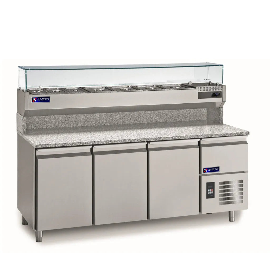 Pizza Prep Tables-AMPTO MPP-3US Refrigerated Granite Pizza Prep Table with Top Rail
