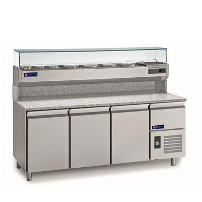 Pizza Prep Tables-AMPTO MPP-3US Refrigerated Granite Pizza Prep Table with Top Rail