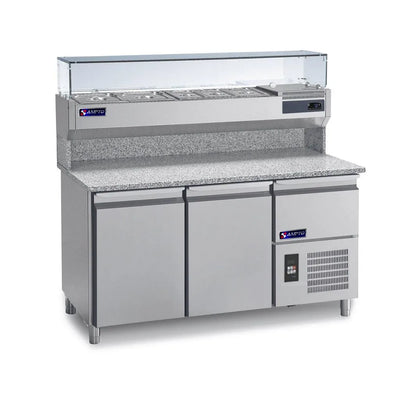 Pizza Prep Tables-Ampto MPP-2US - Pizza Prep Table Refrigerated Granite 2 section with top rail
