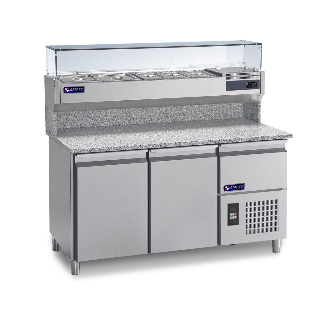 Pizza Prep Tables-Ampto MPP-2US - Pizza Prep Table Refrigerated Granite 2 section with top rail