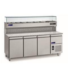 Pizza Prep Tables-Ampto MPP-3US - Pizza Prep Table Refrigerated Granite 3 section with top rail