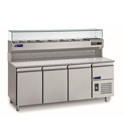 Pizza Prep Tables-Ampto MPP-3US - Pizza Prep Table Refrigerated Granite 3 section with top rail