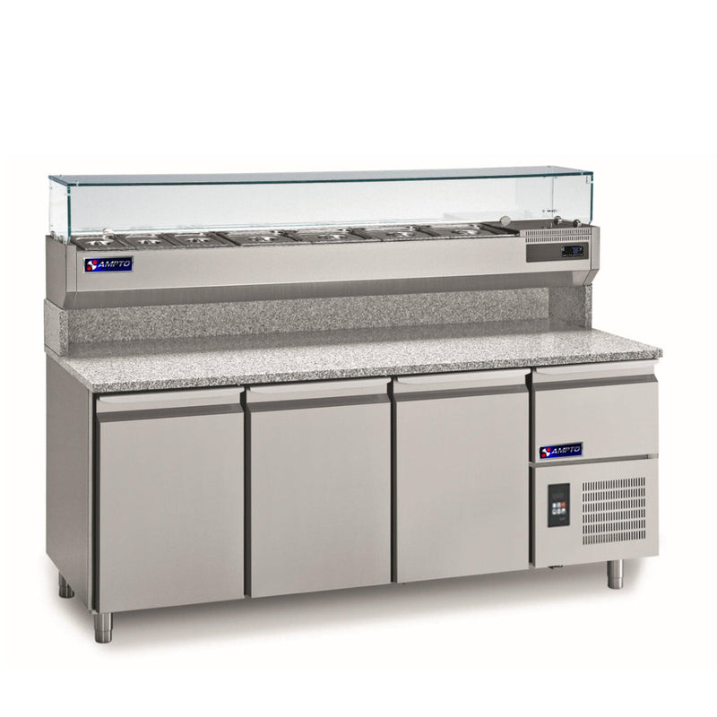 Pizza Prep Tables-Ampto MPP-3US - Pizza Prep Table Refrigerated Granite 3 section with top rail